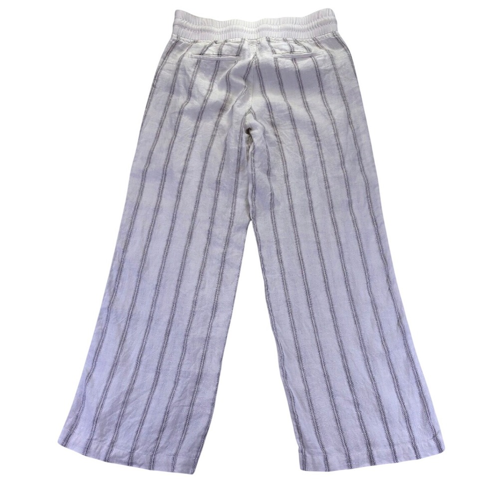 Athleta Women 8 White Blue Striped Linen Wide Leg Pants Drawstring Zipper Pocket